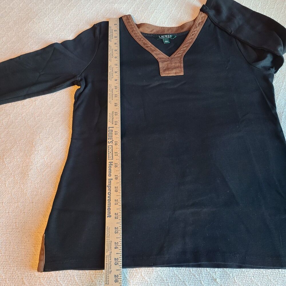 Lauren Ralph Lauren Womens L Tunic V-Neck Black Faux Suede Brown Trim Academia - Picture 13 of 13